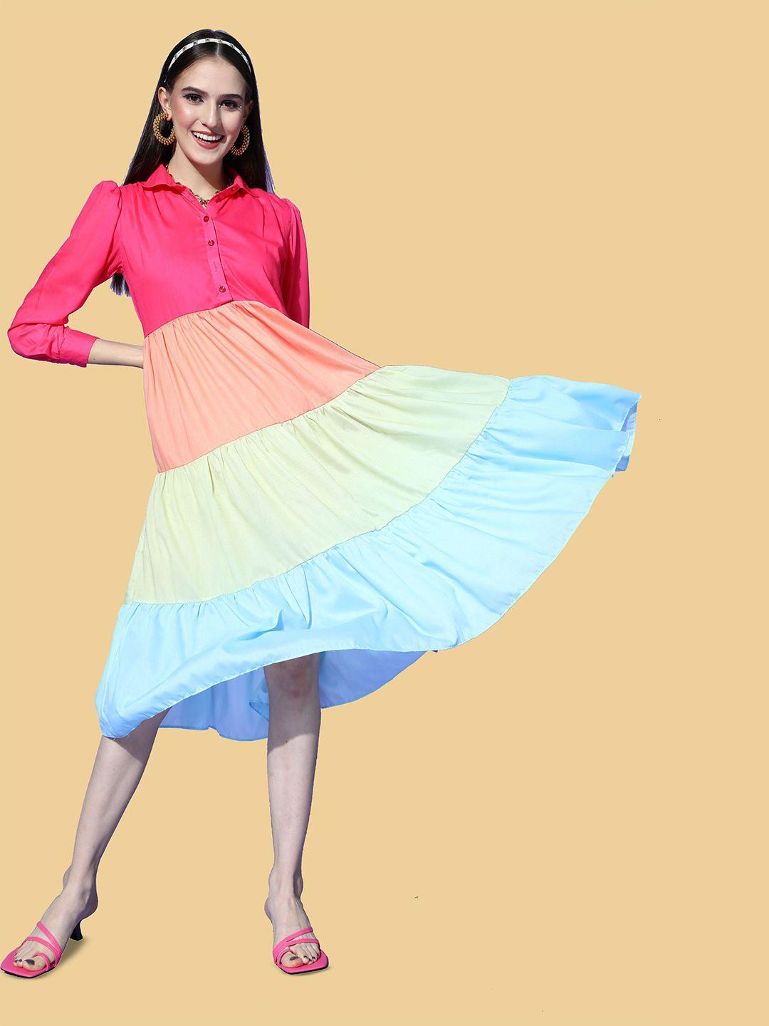baesd colourblocked shirt collar tiered cotton a-line midi dress