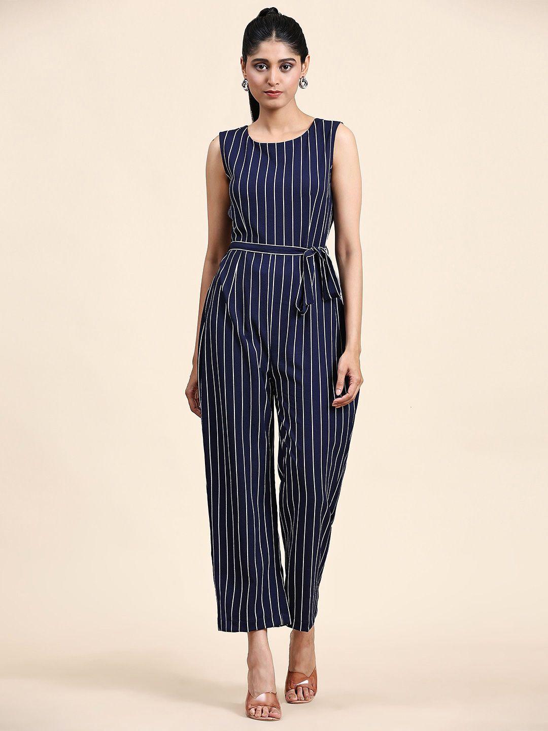 baesd cotton round neck striped belted jumpsuit