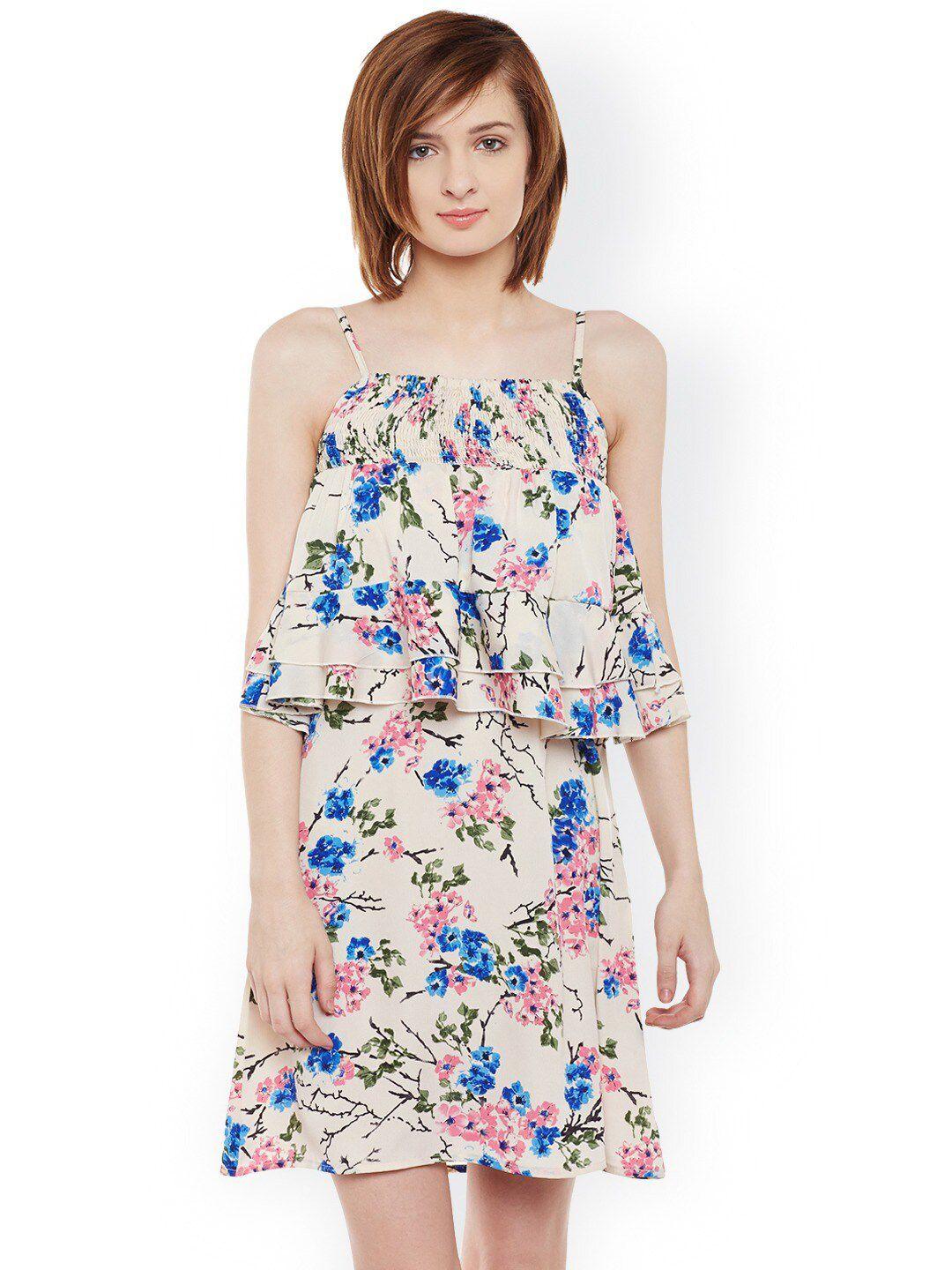 baesd cream-coloured tropical print crepe a-line mini dress