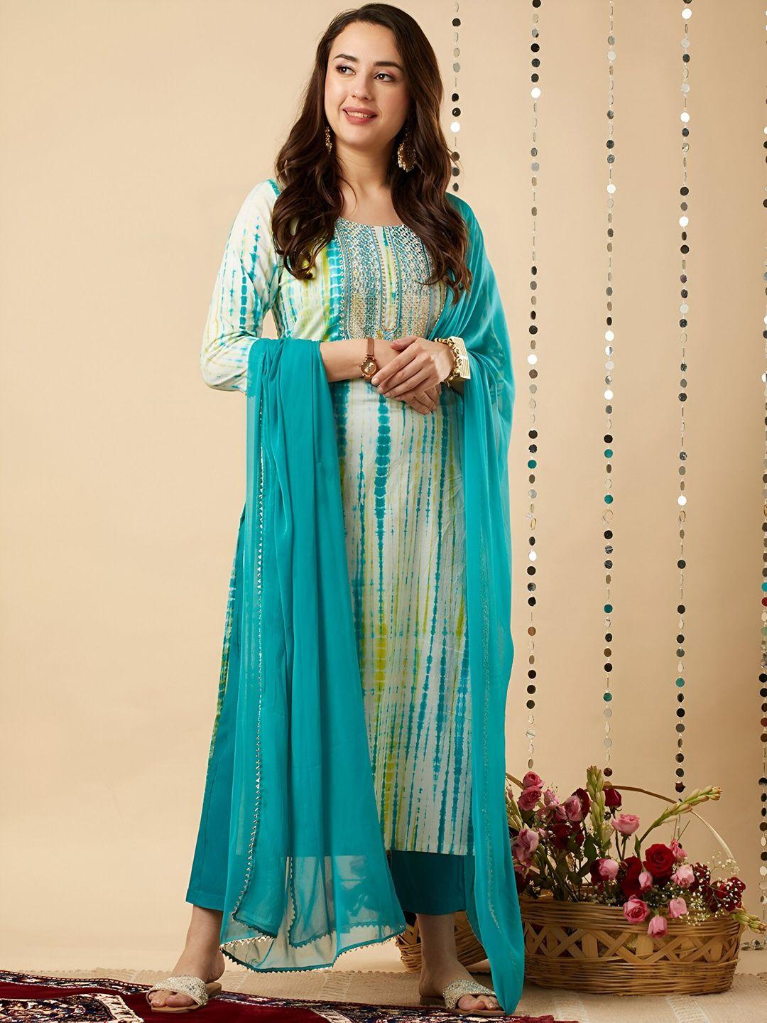 baesd dyed thread work straight kurta with trousers & dupatta