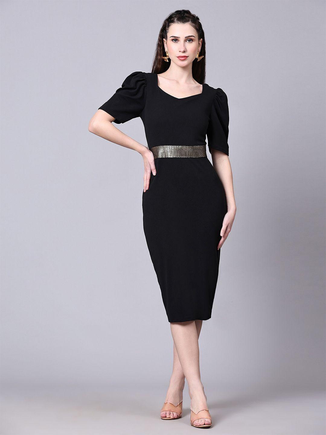 baesd embellished puffed sleeves sheath midi dress