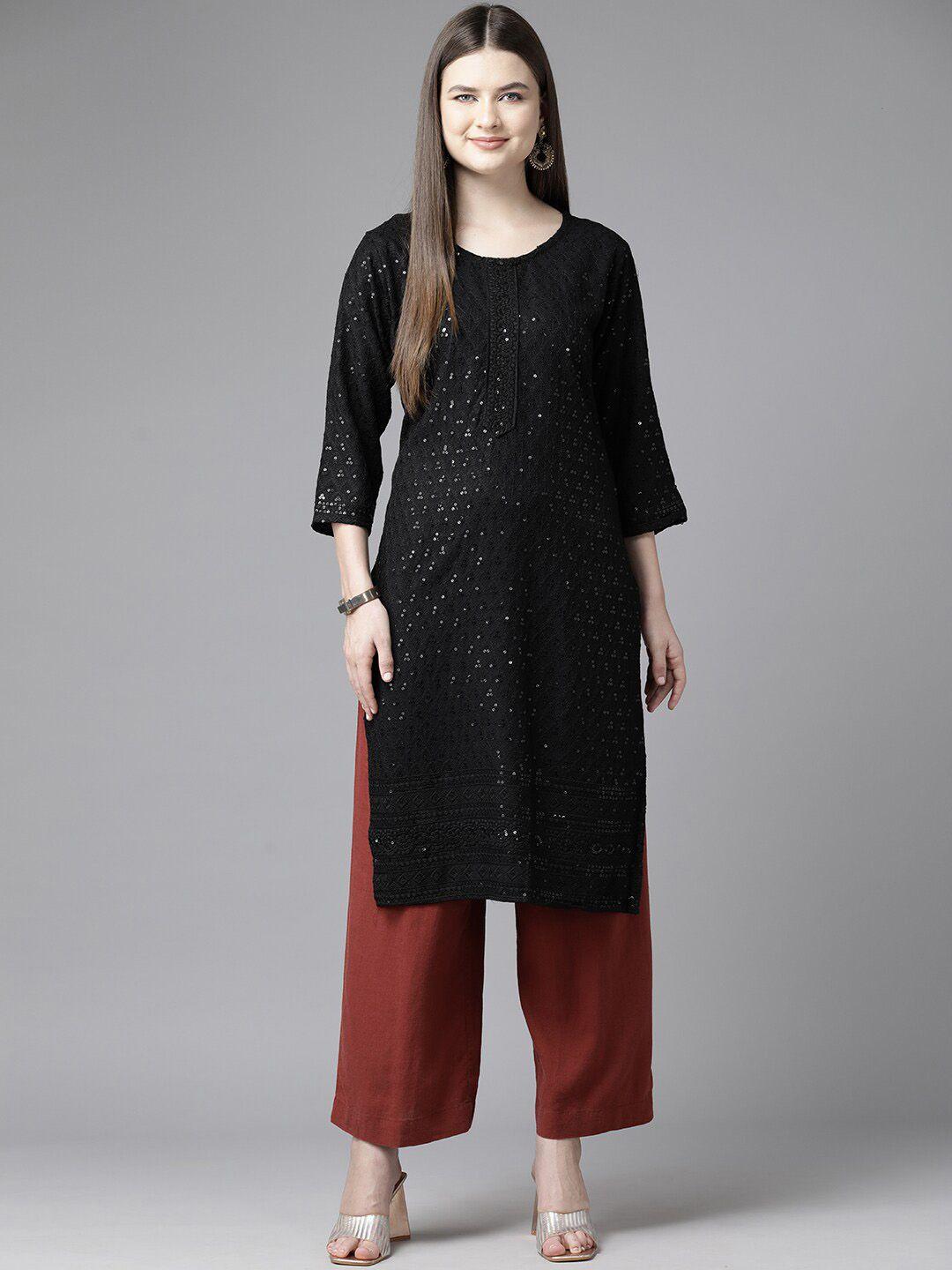 baesd embellished round neck sequinned cotton regular kurta