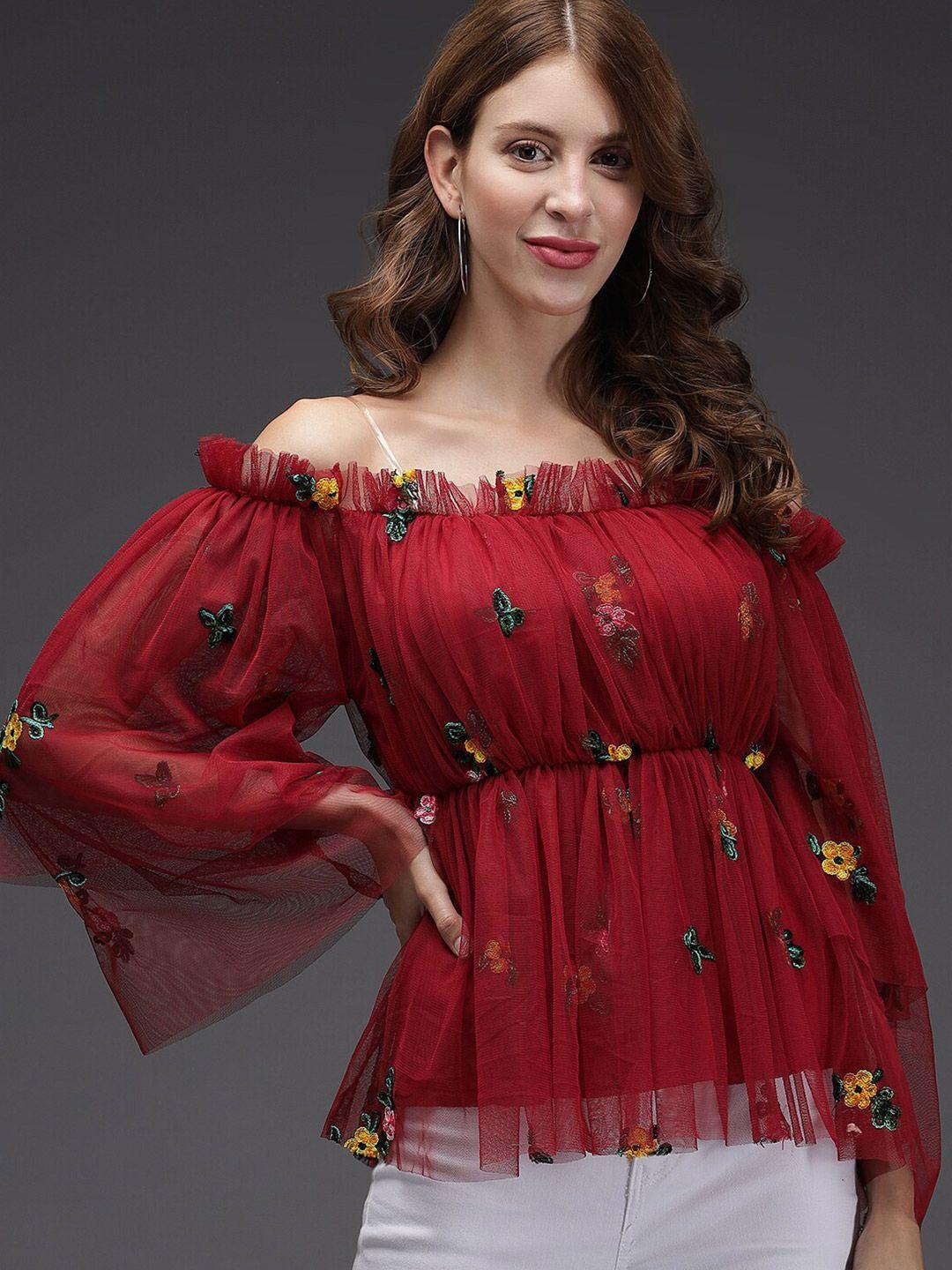 baesd embroidered off-shoulder bell sleeves net bardot top