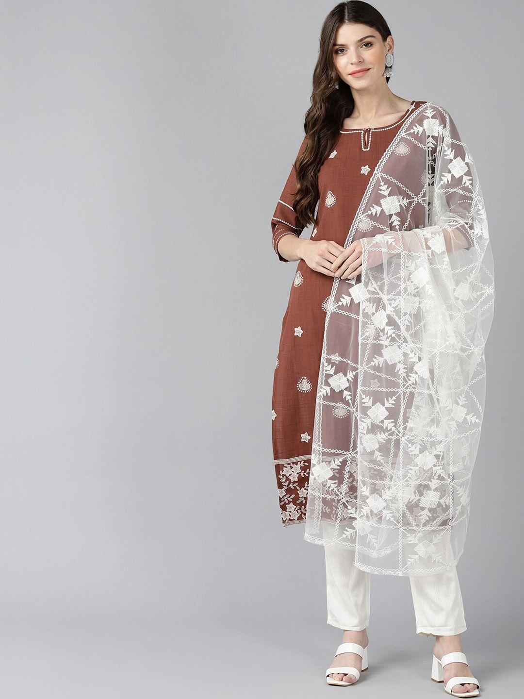 baesd embroidered printed thread work straight kurta with trousers & dupatta