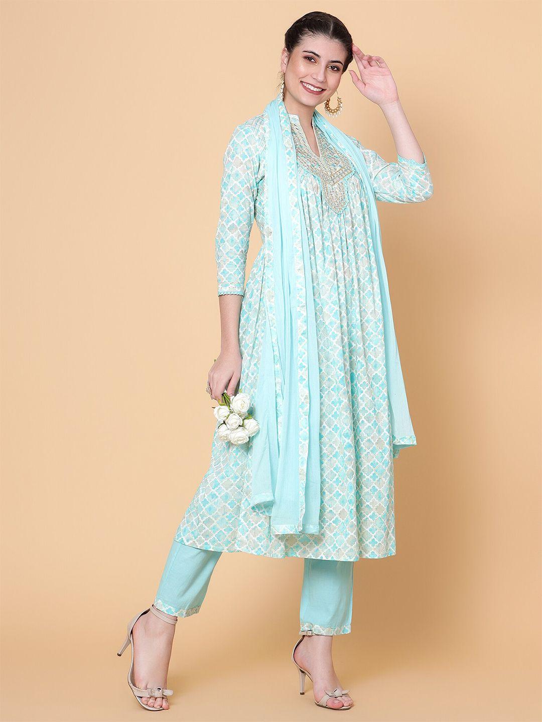 baesd embroidered pure cotton straight kurta with trousers & dupatta