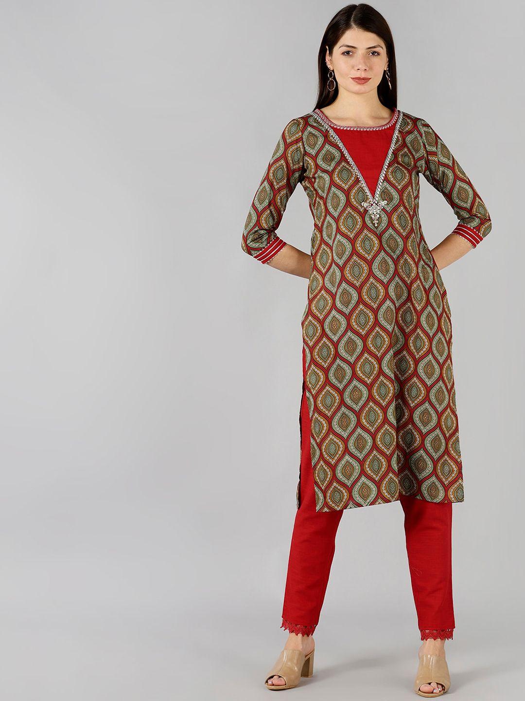 baesd embroidered regular pure cotton straight kurta with trousers & with dupatta