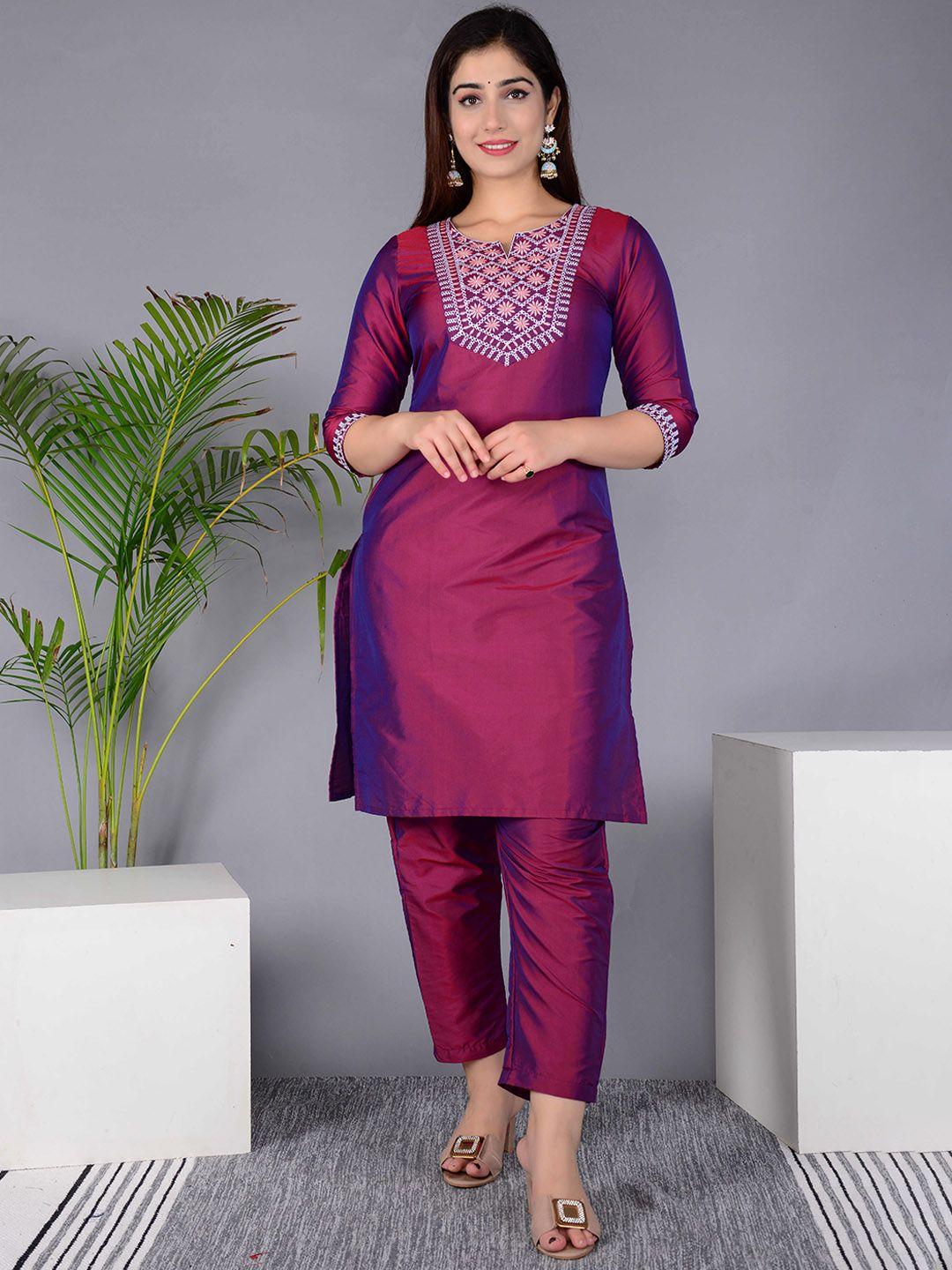 baesd embroidered round neck three-quarter sleeves kurta with trousers