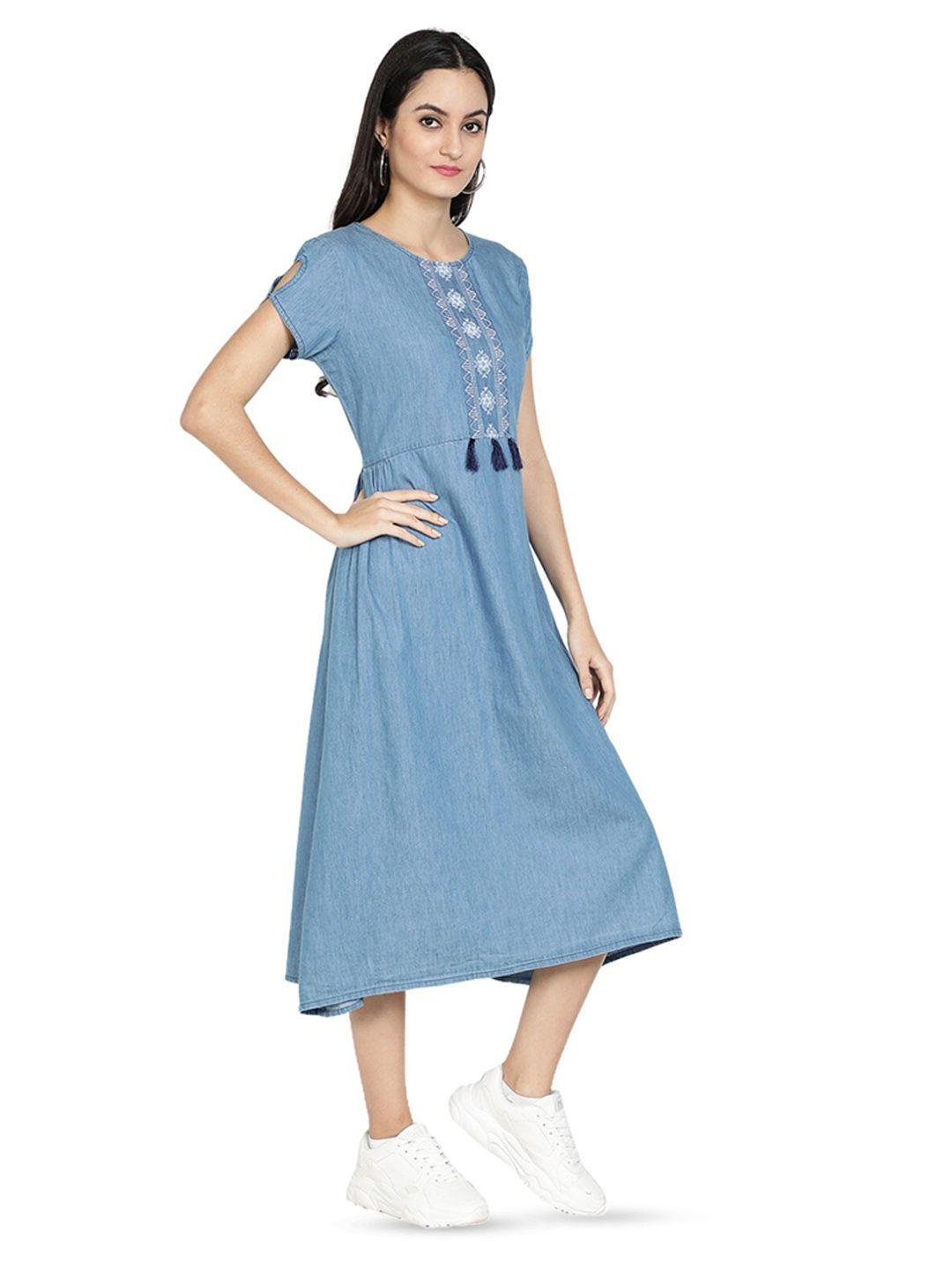 baesd ethnic motifs embroidered gathered detailed a-line denim dress