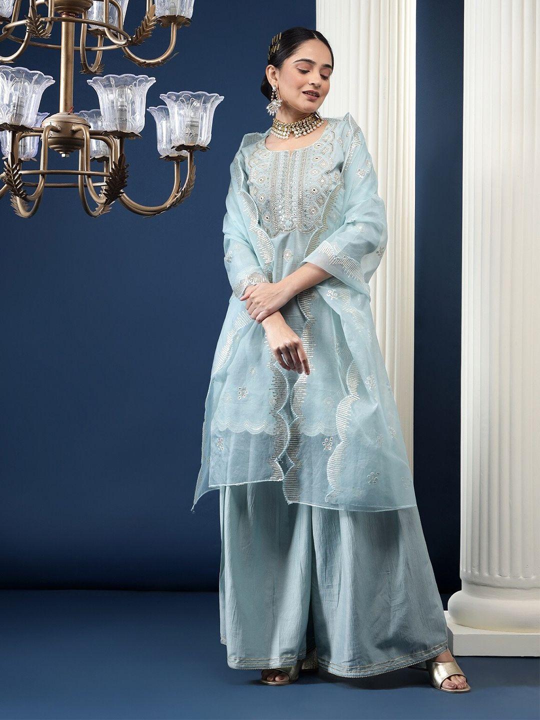 baesd ethnic motifs embroidered notched neck straight kurta with palazzos dupatta