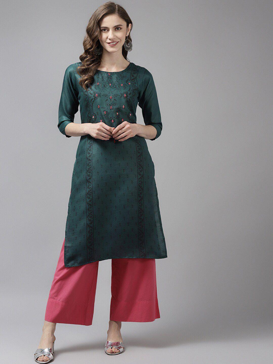 baesd ethnic motifs embroidered round neck mirror work cotton kurta