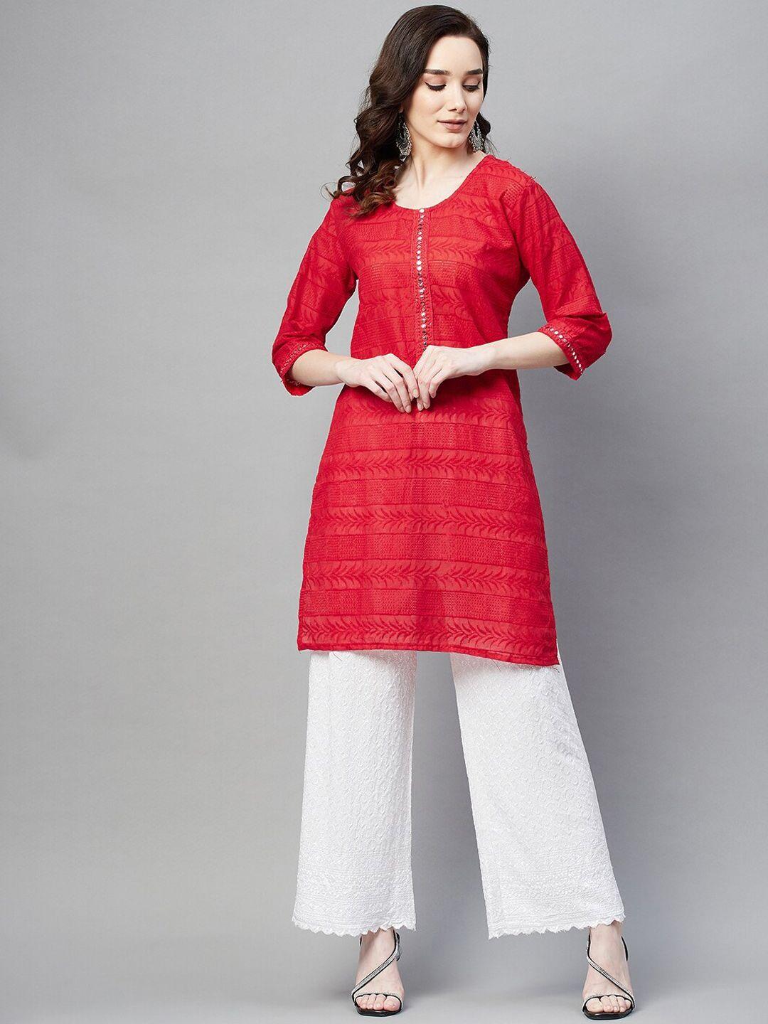 baesd ethnic motifs embroidered round neck sequined pure cotton chikankari straight kurta