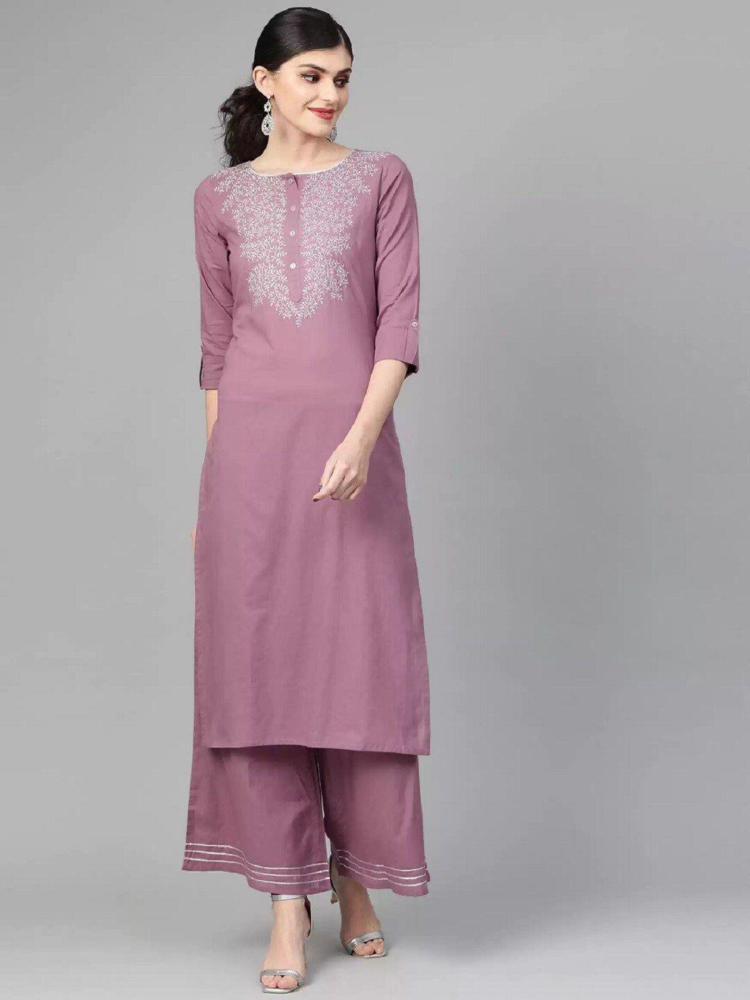 baesd ethnic motifs embroidered round neck straight kurta with palazzo