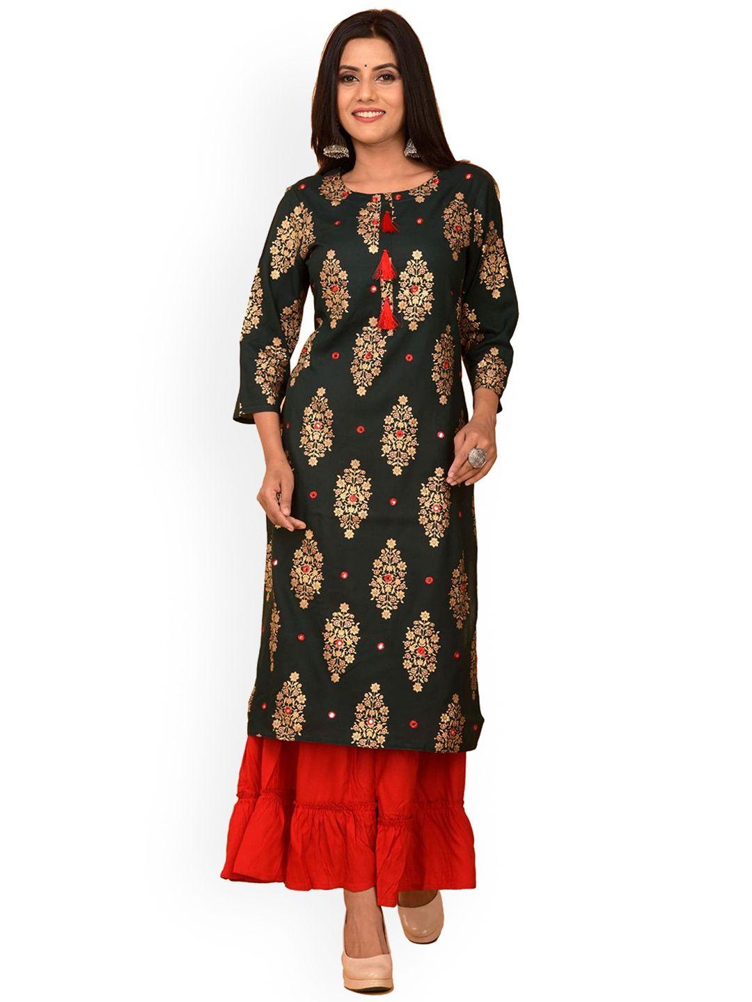 baesd ethnic motifs foil printed mirror work detailed straight kurta with sharara