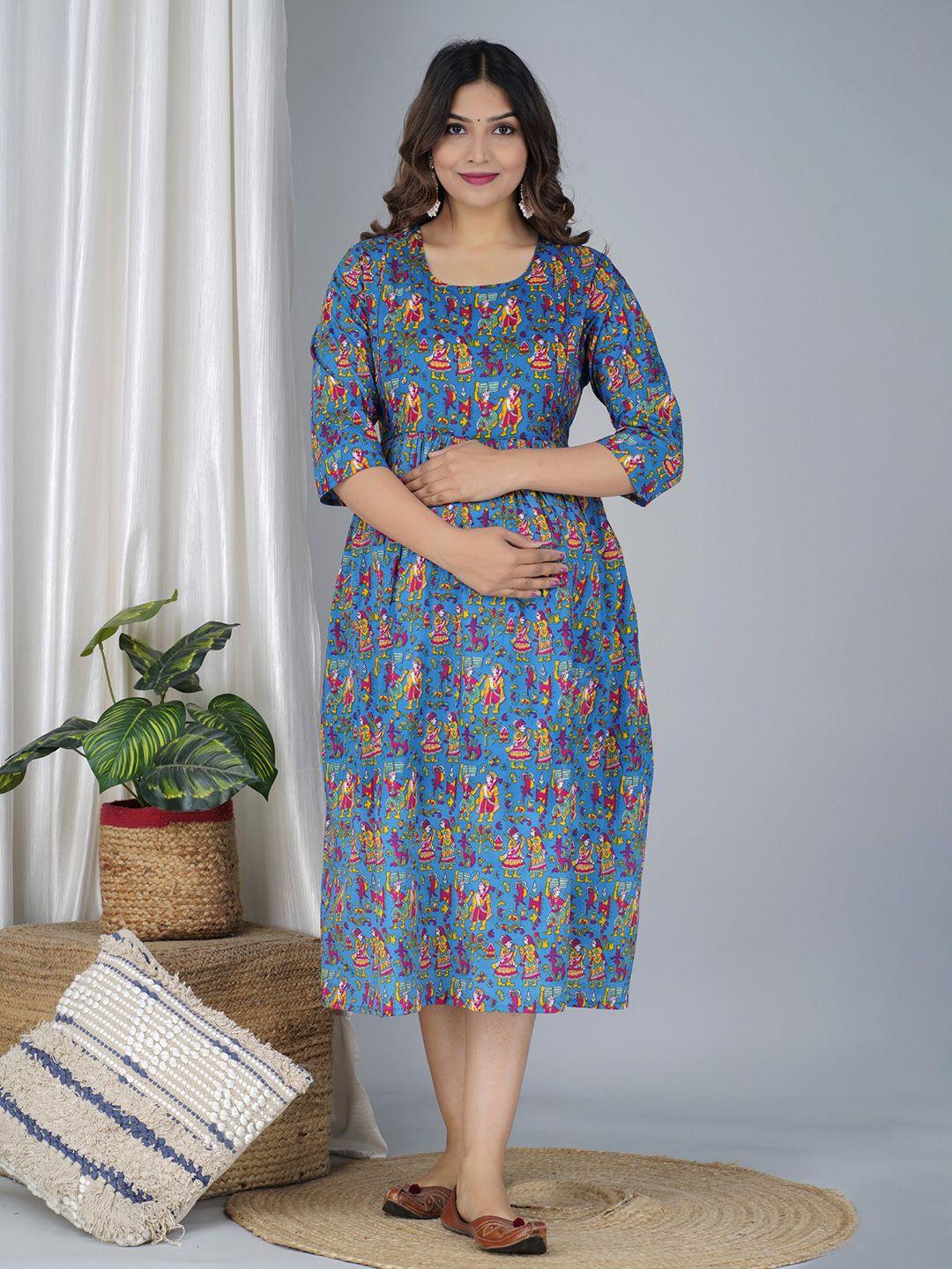 baesd ethnic motifs print maternity fit & flare ethnic dress