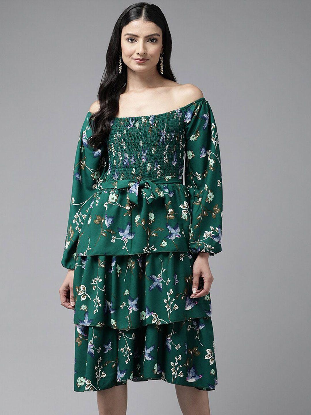 baesd ethnic motifs print off-shoulder puff sleeve georgette a-line dress