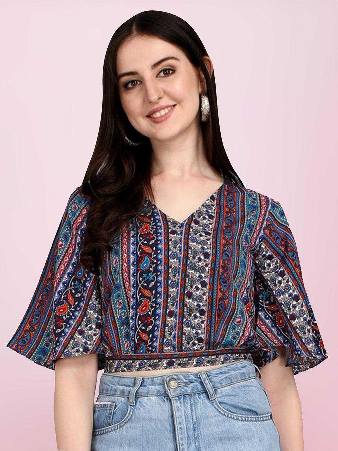 baesd ethnic motifs printed blouson crop top