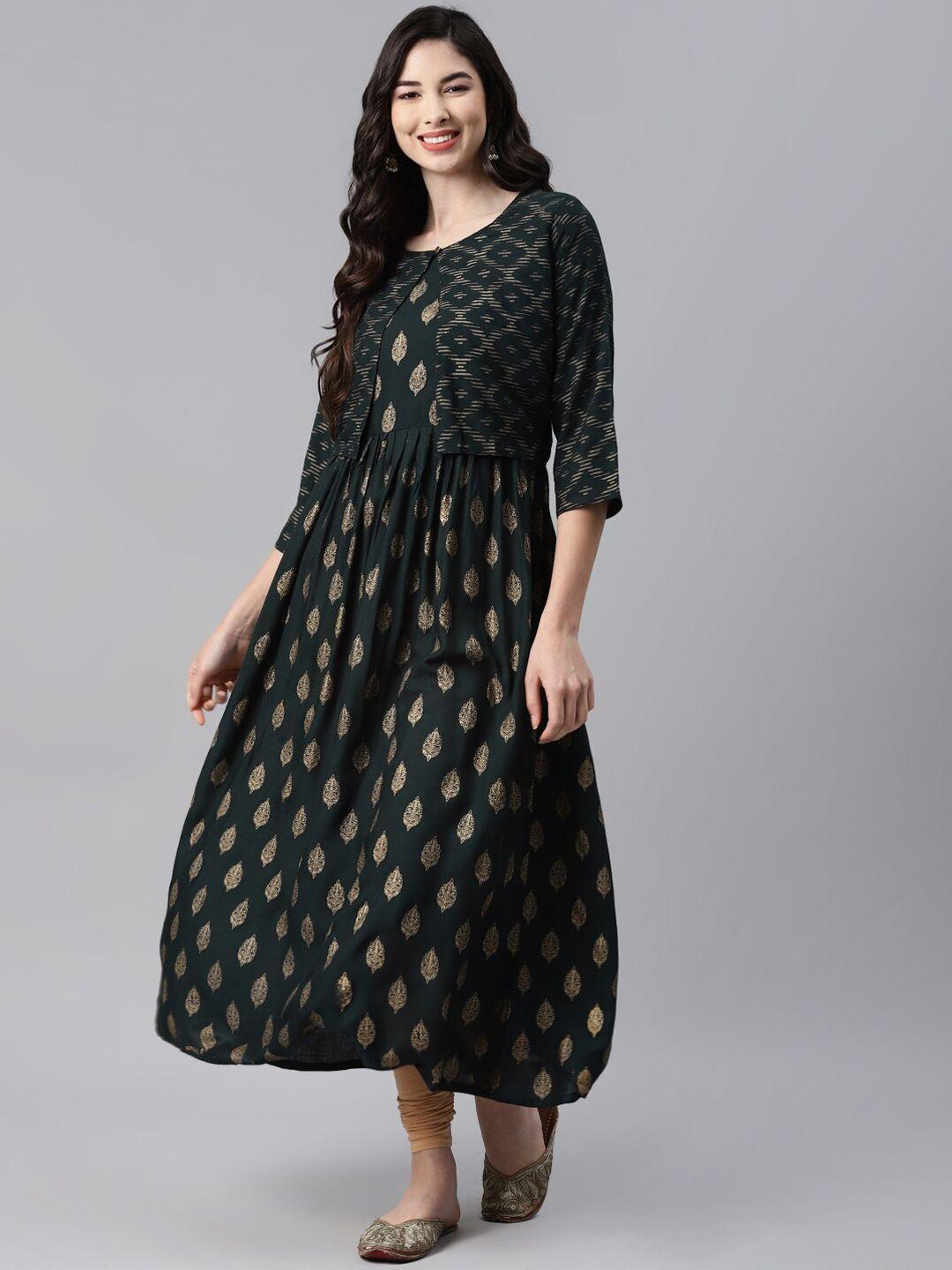 baesd ethnic motifs printed cotton anarkali kurta with jacket