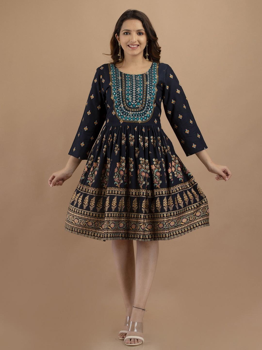 baesd ethnic motifs printed embroidered fit & flare ethnic dress