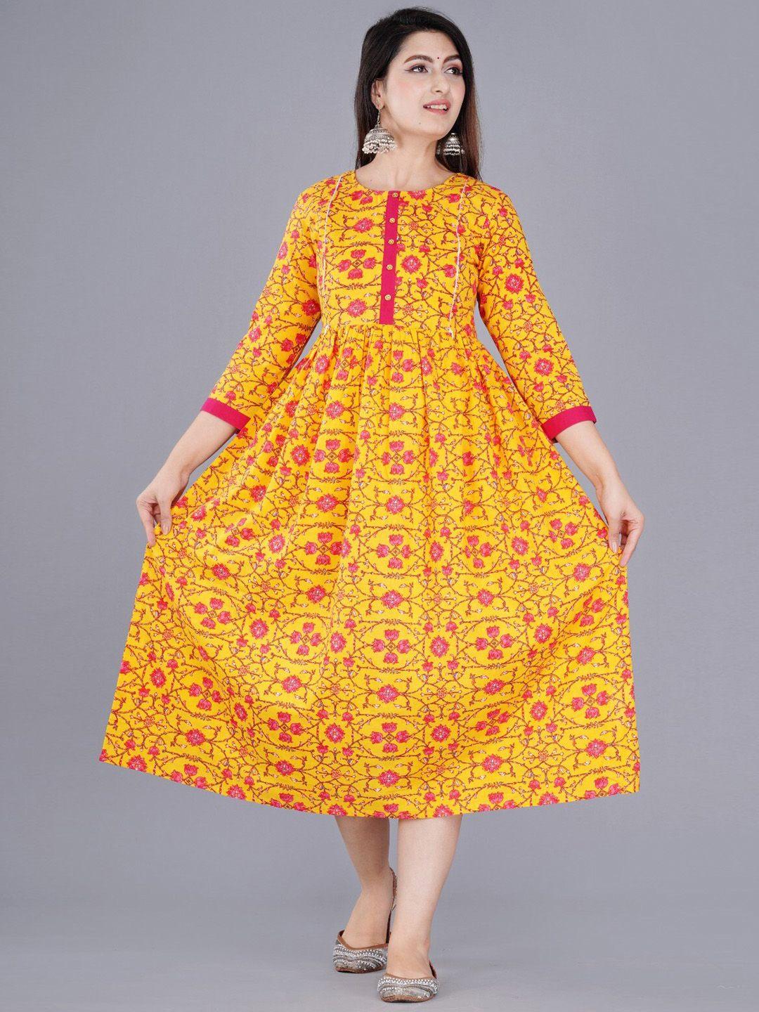 baesd ethnic motifs printed gathered detailed cotton maternity fit & flare ethnic dress