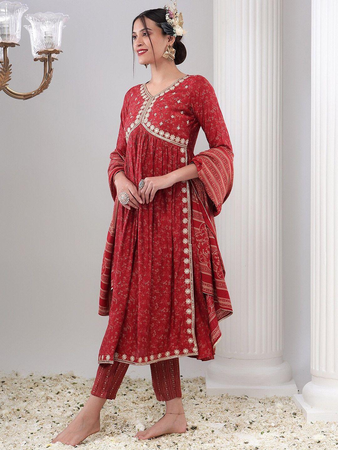 baesd ethnic motifs printed high slit thread work a-line kurta with trousers & dupatta