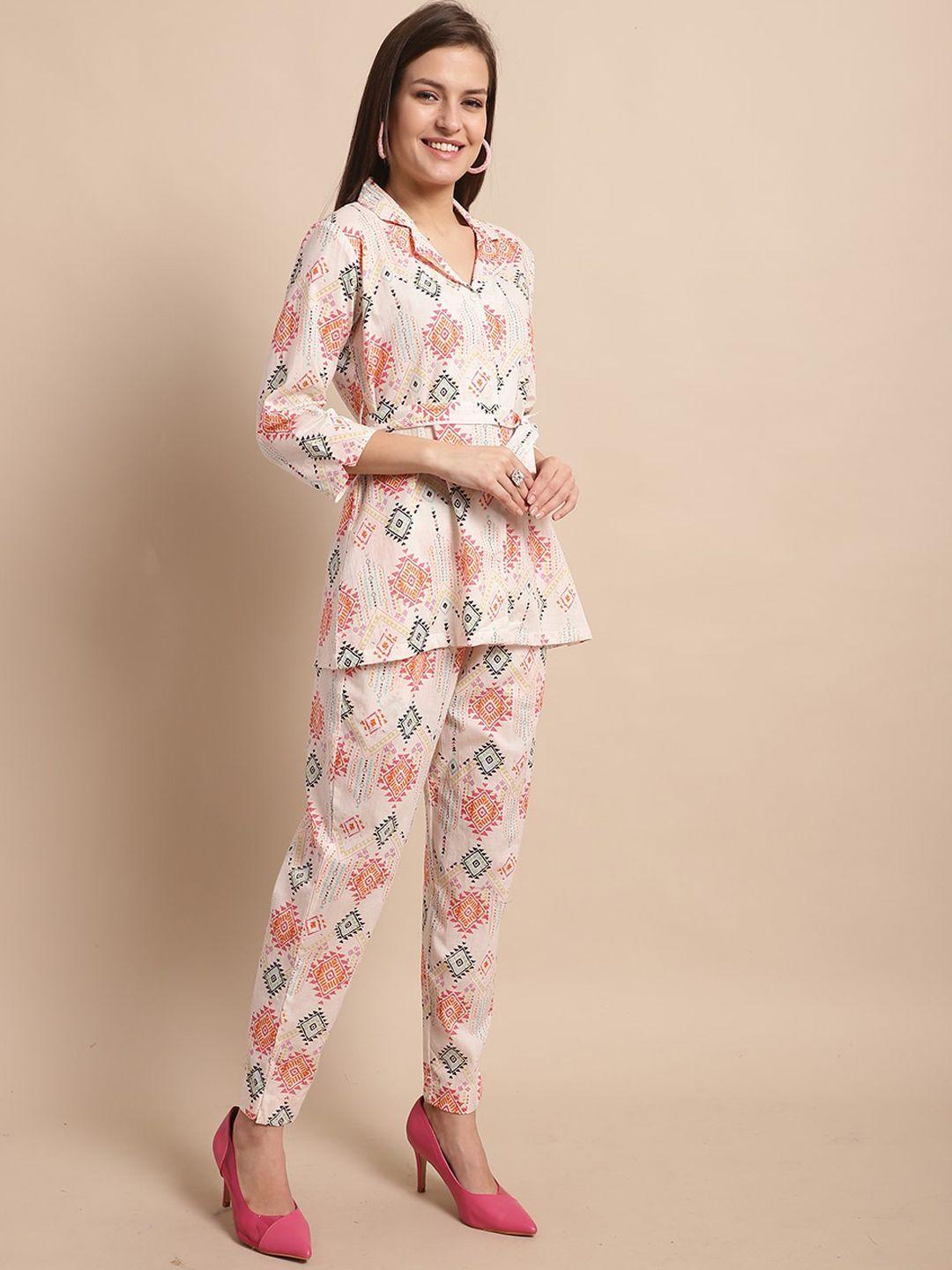 baesd ethnic motifs printed lapel collar pure cotton shirt & trousers