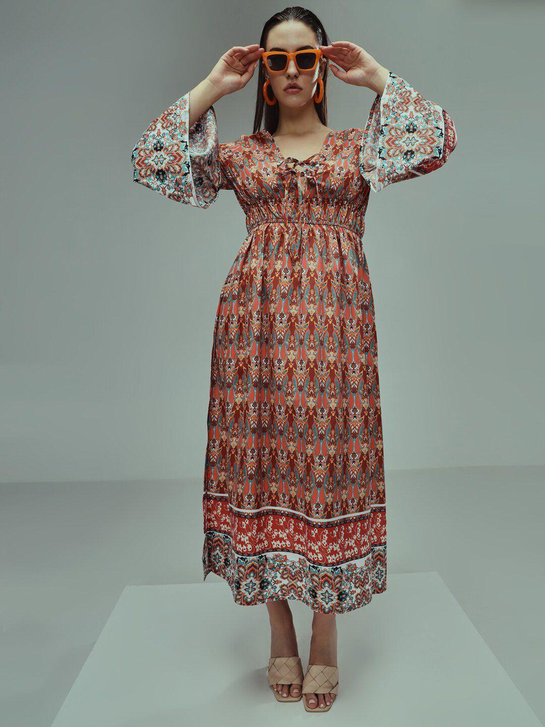 baesd ethnic motifs v-neck bell sleeves midi casual dress