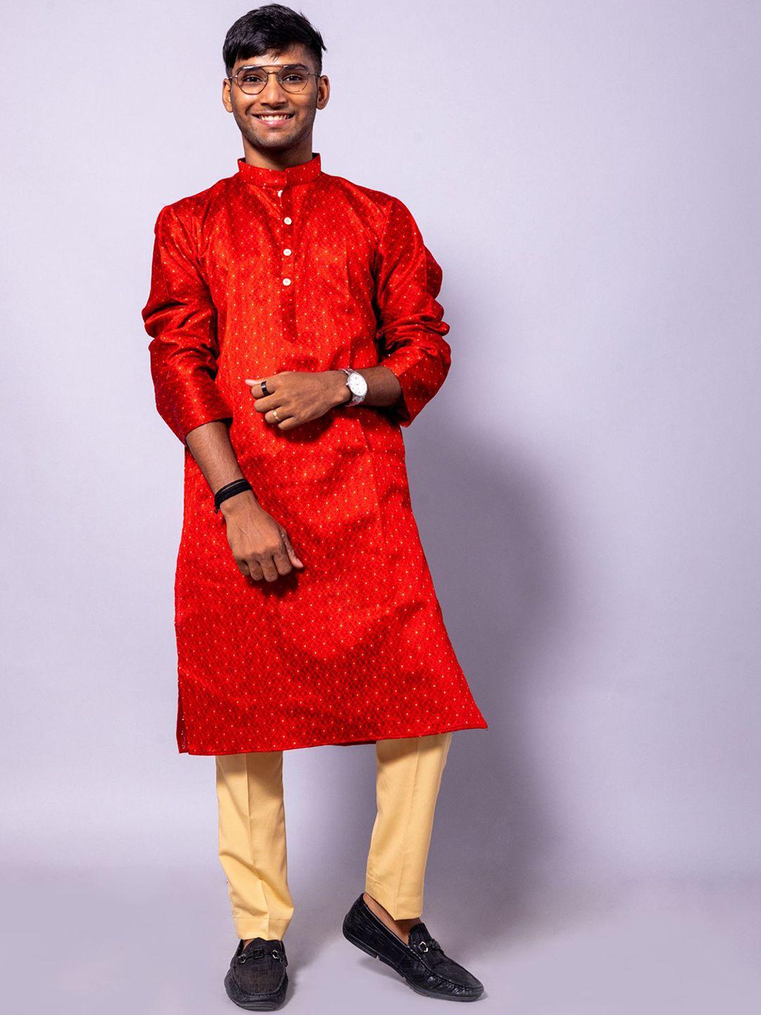 baesd ethnic motifs woven design mandarin collar straight kurta with trousers