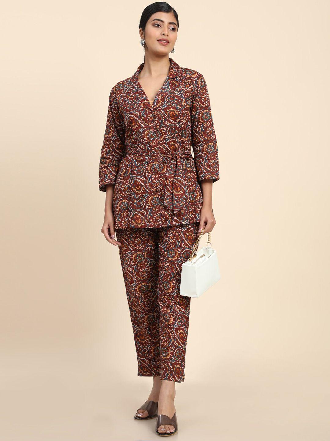 baesd ethnic printed lapel collar top & boot-cut wrinkle free trousers pant co-ord set