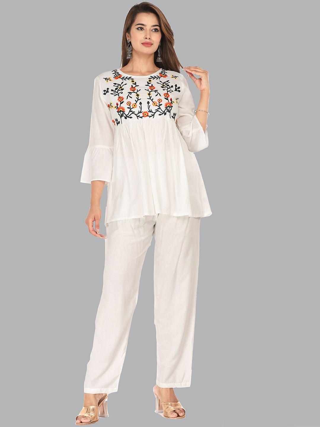 baesd floral embroidered bell sleeves a-line kurti & trousers