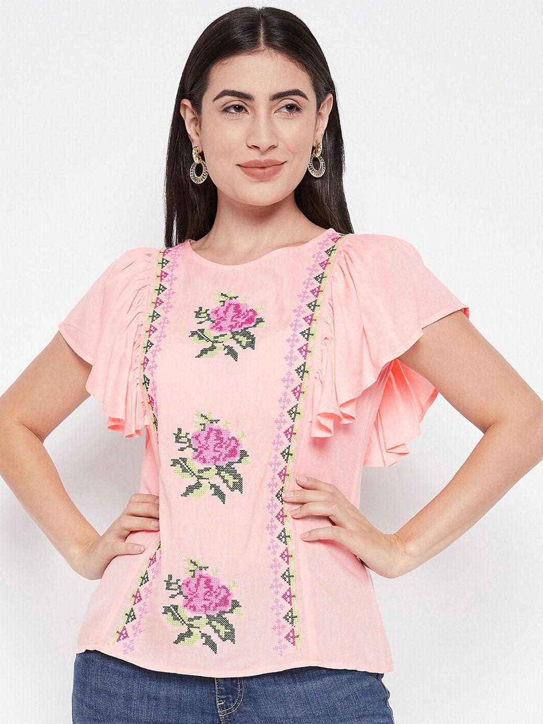 baesd floral embroidered flutter sleeves top