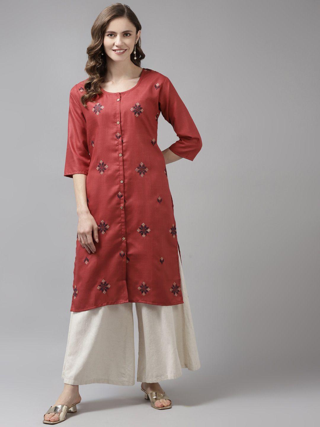 baesd floral embroidered round neck thread work cotton kurta