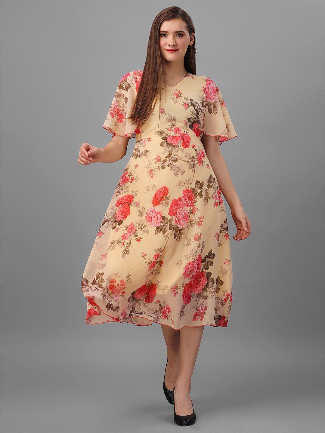 baesd floral print bell sleeve georgette fit & flare midi dress