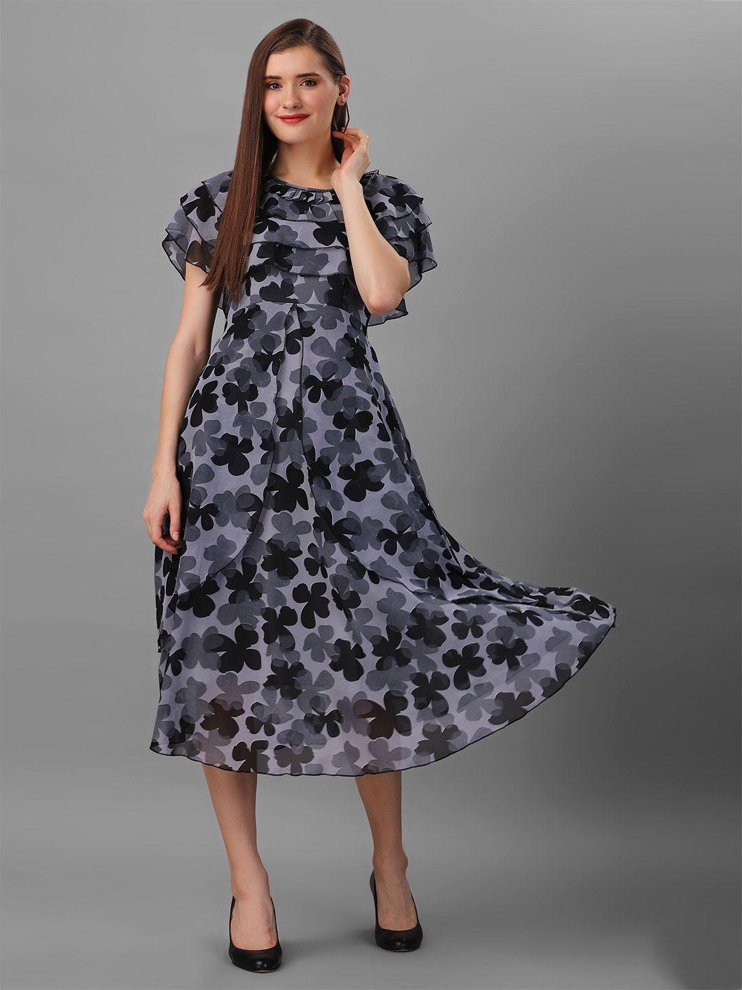 baesd floral print cape sleeves georgette fit & flare midi dress