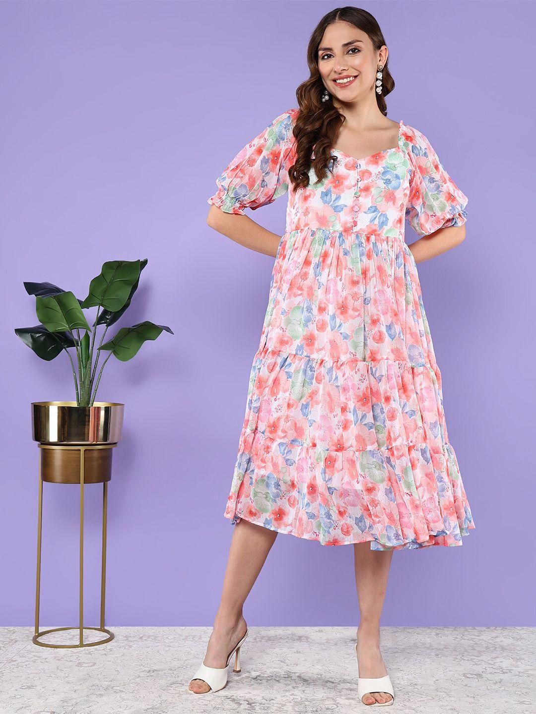 baesd floral print flared sleeve chiffon a-line midi dress