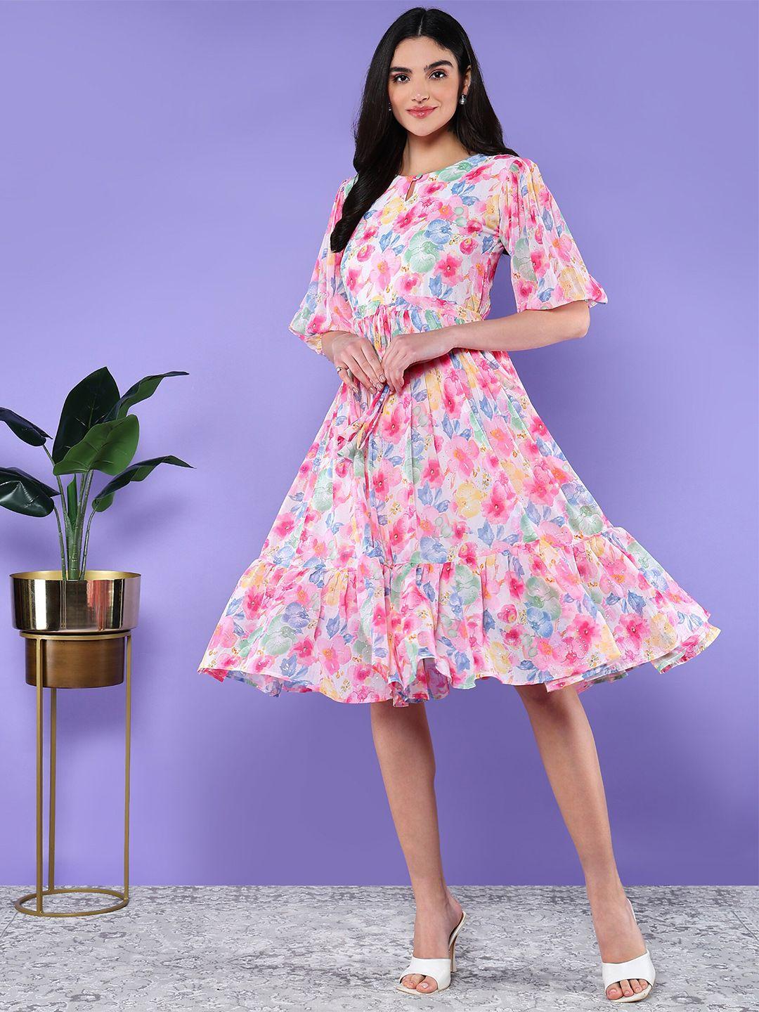 baesd floral print flared sleeve chiffon blouson dress