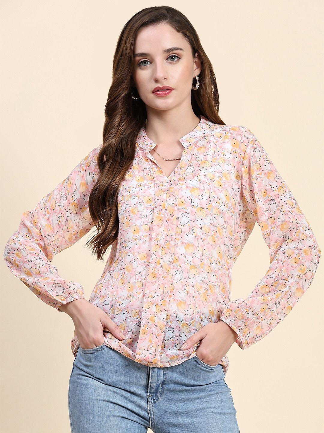 baesd floral print mandarin collar georgette shirt style top