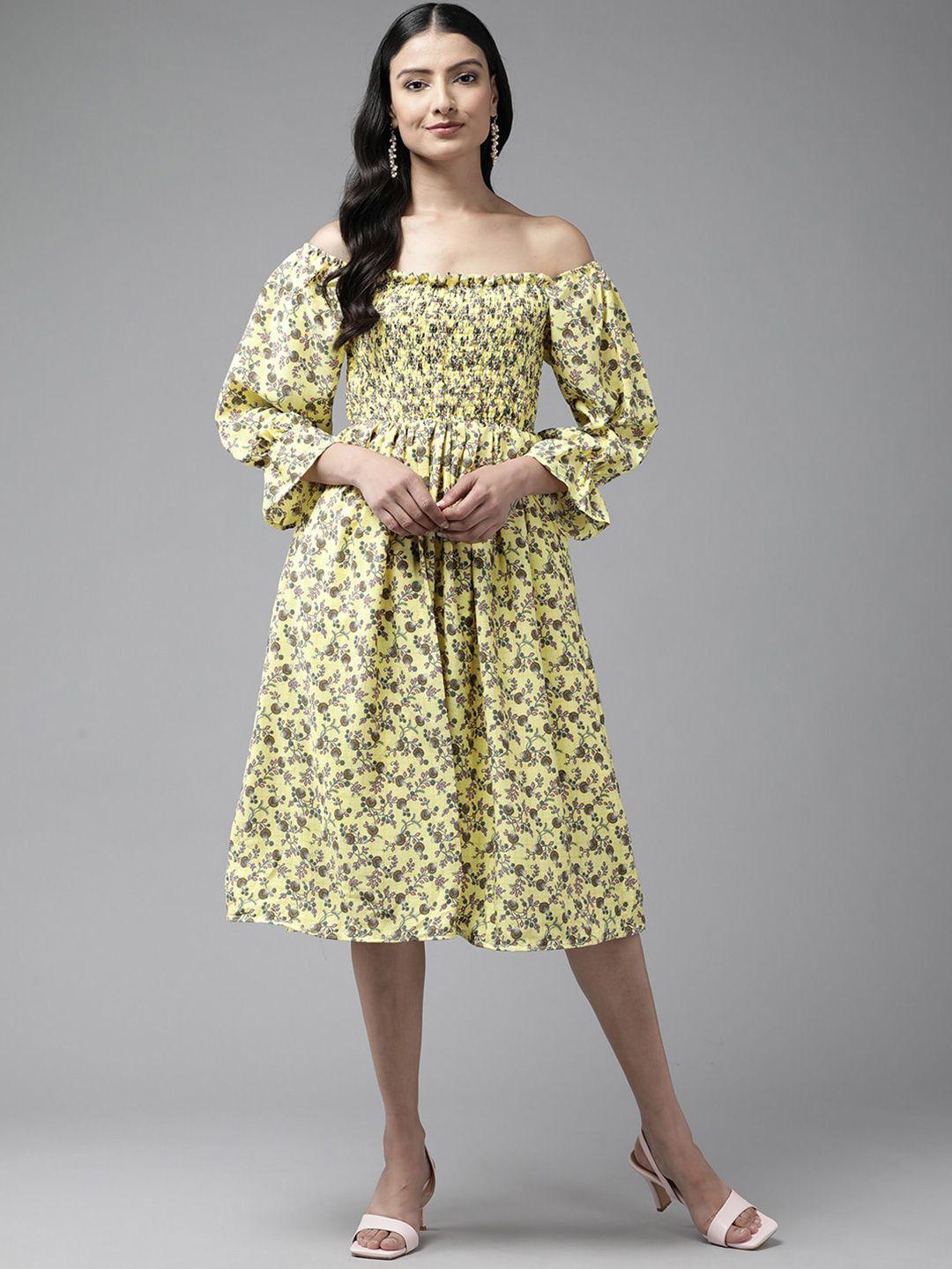 baesd floral print off-shoulder puff sleeve georgette fit & flare midi dress