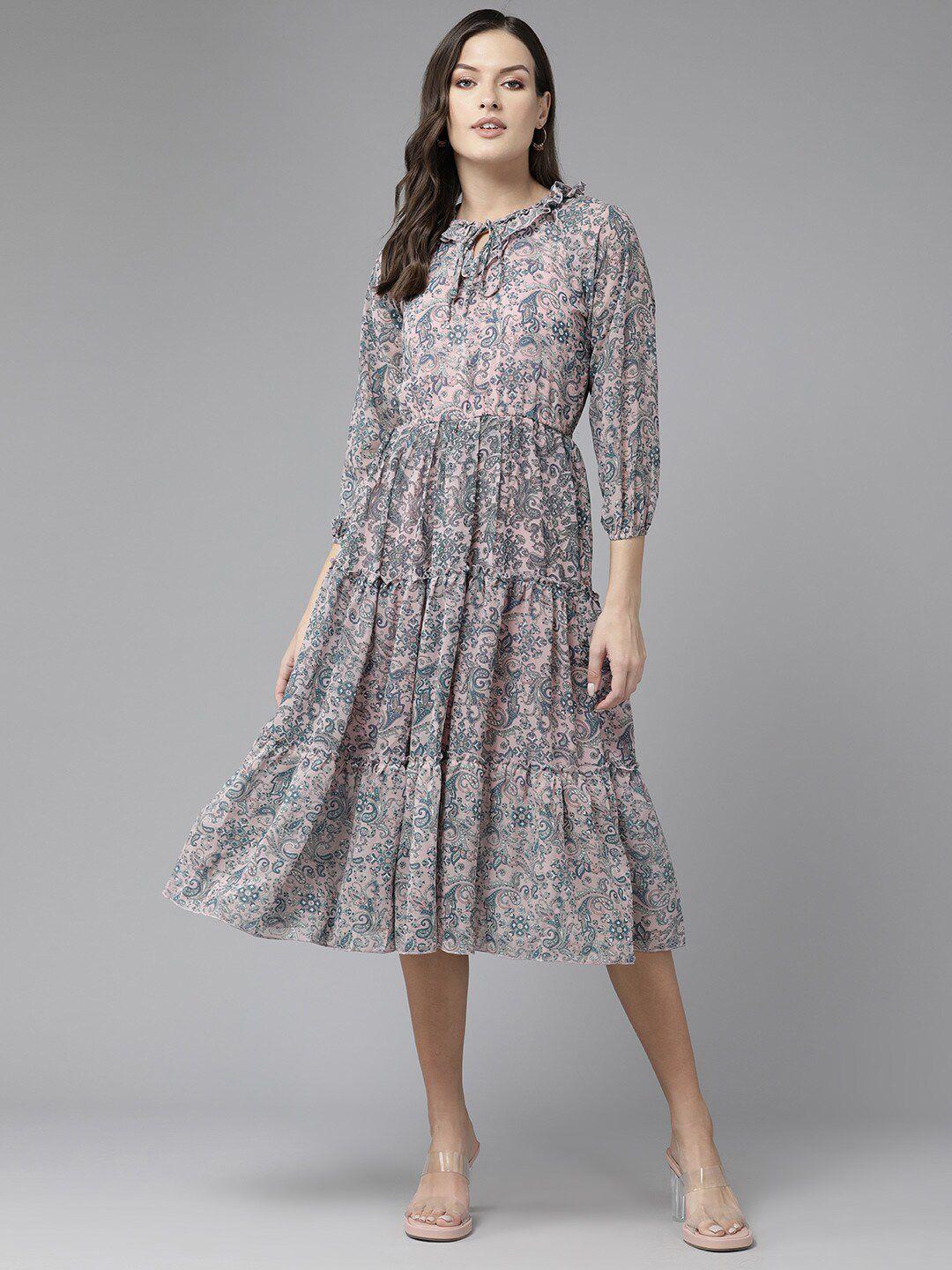 baesd floral print puff sleeve georgette a-line midi dress