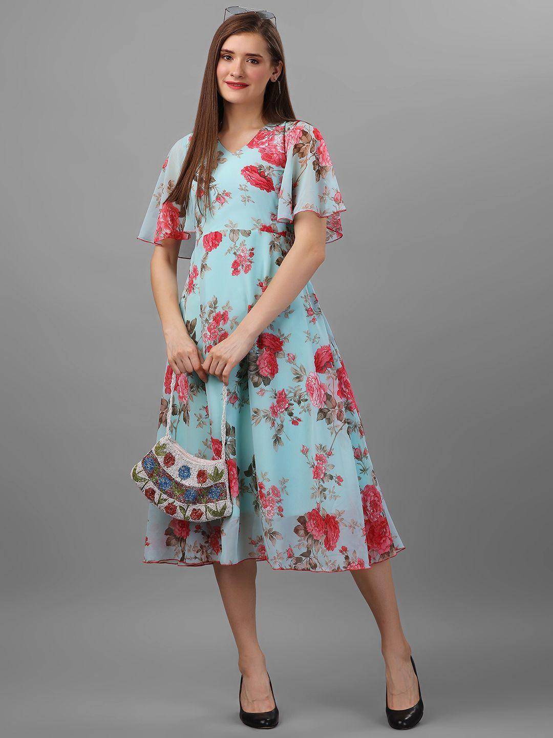 baesd floral print v neck bell sleeve georgette fit & flare midi dress