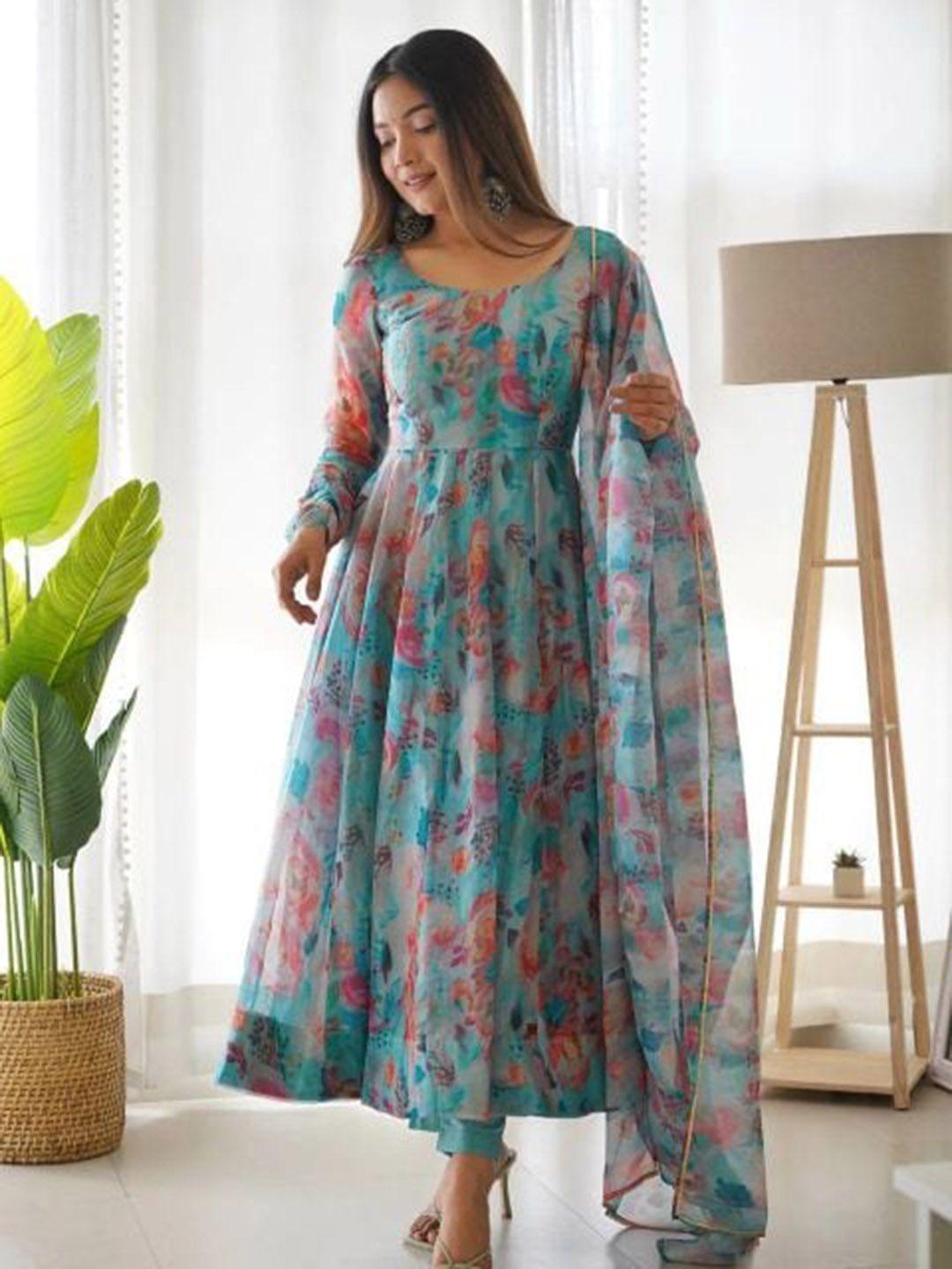 baesd floral printed anarkali kurta with trousers & dupatta