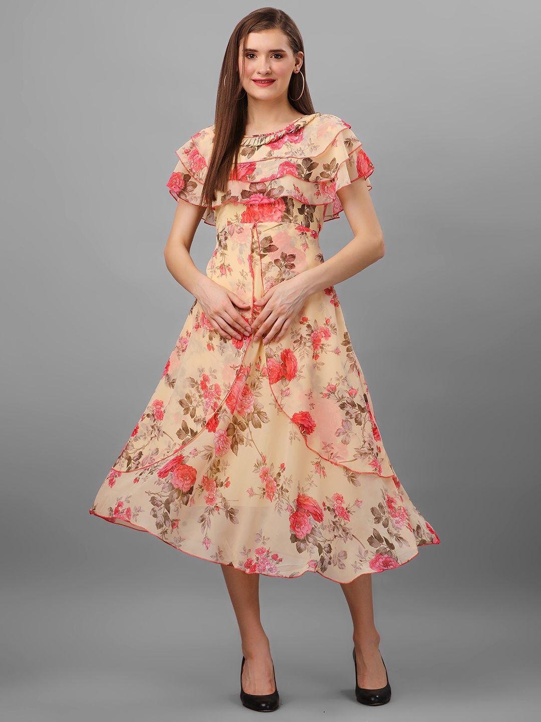 baesd floral printed batwing sleeve georgette fit & flare midi dress