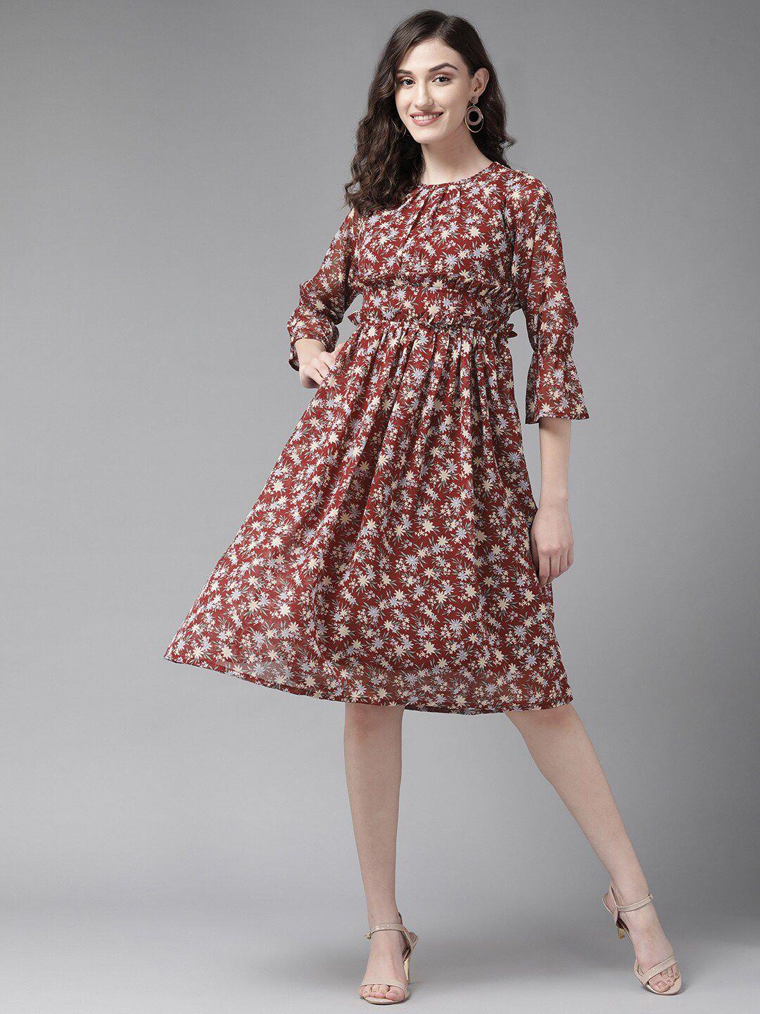 baesd floral printed bell sleeve georgette a-line dress