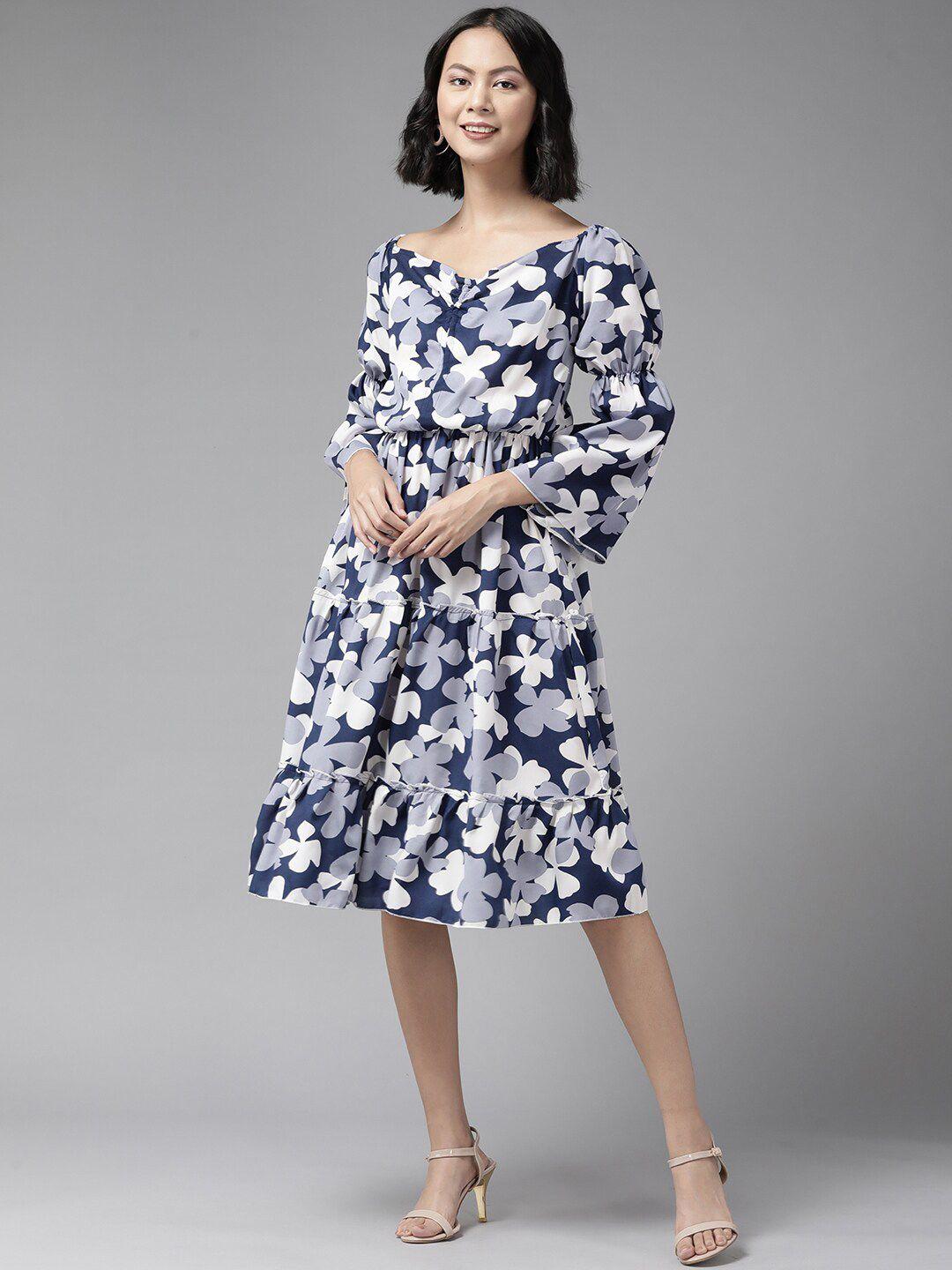 baesd floral printed bell sleeve georgette a-line midi dress