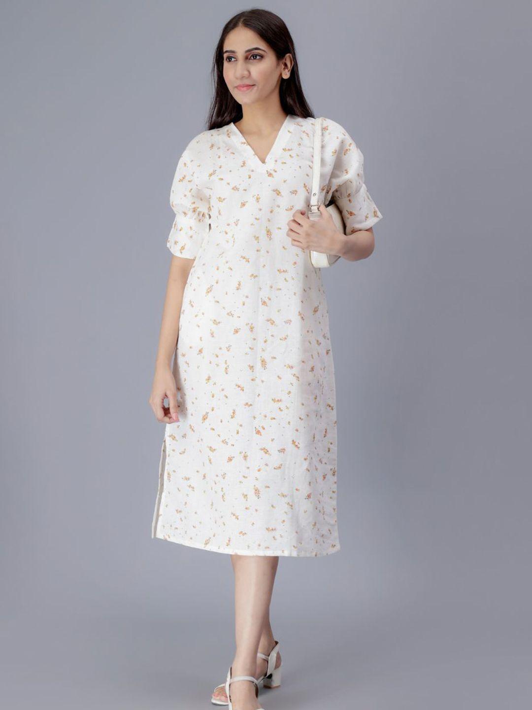 baesd floral printed cotton a-line cuffed sleeves midi dress