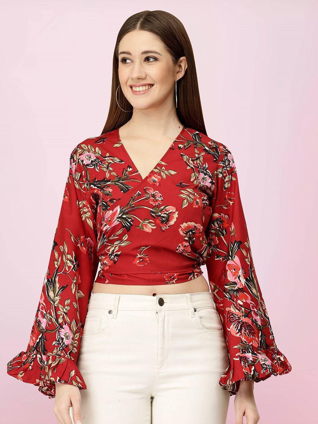 baesd floral printed flared sleeve wrap crop top