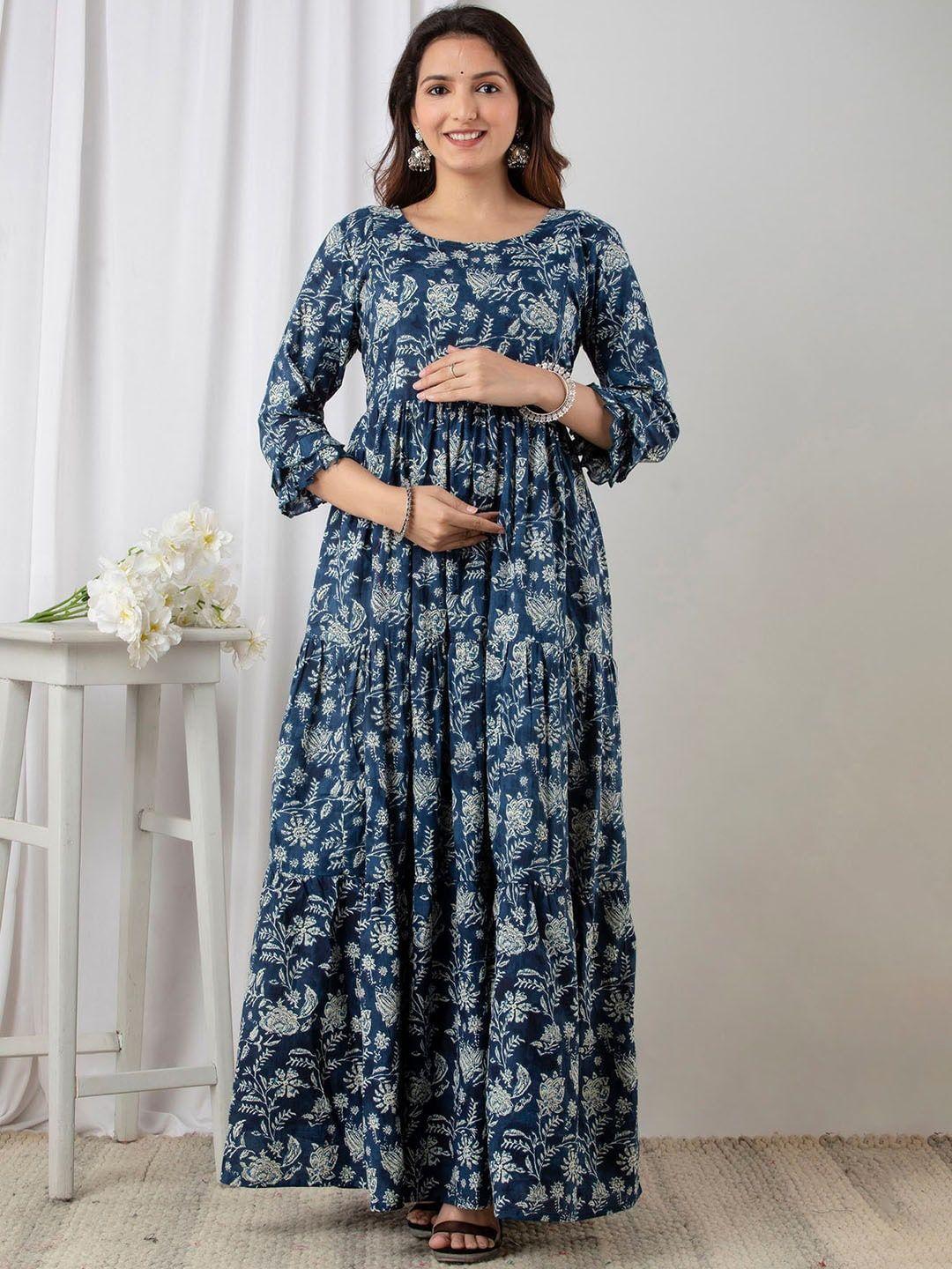 baesd floral printed gathered detailed maternity maxi ethnic dress