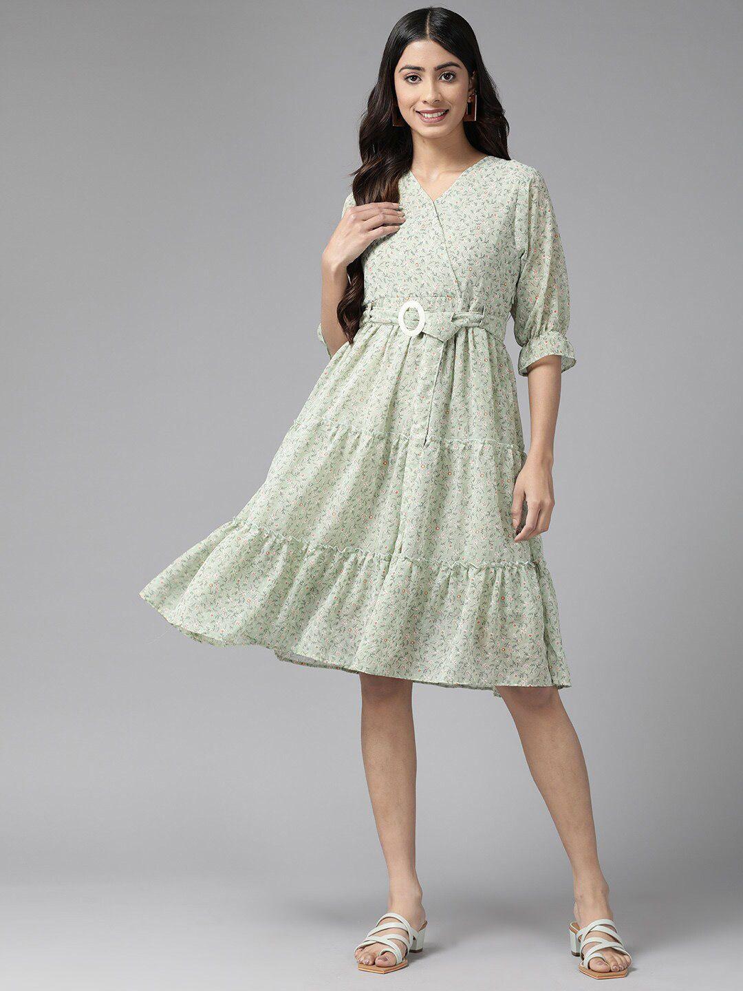 baesd floral printed georgette tired a-line dress comes with a belt