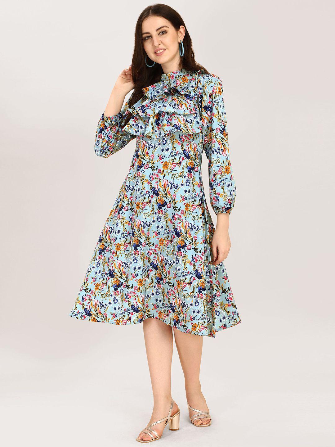 baesd floral printed high neck puff sleeves ruffles detail a-line dress