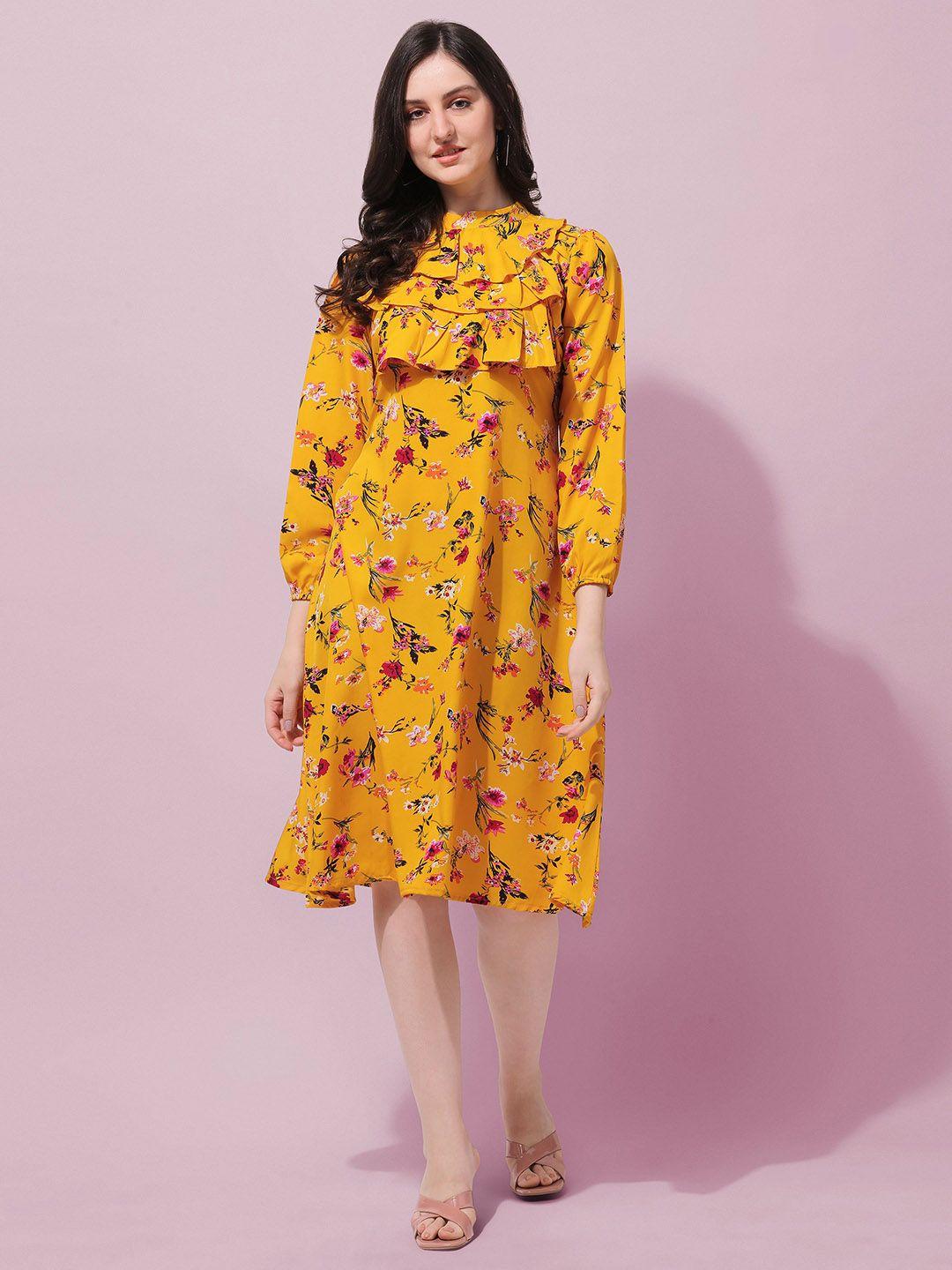 baesd floral printed high neck puff sleeves ruffles detail a-line dress