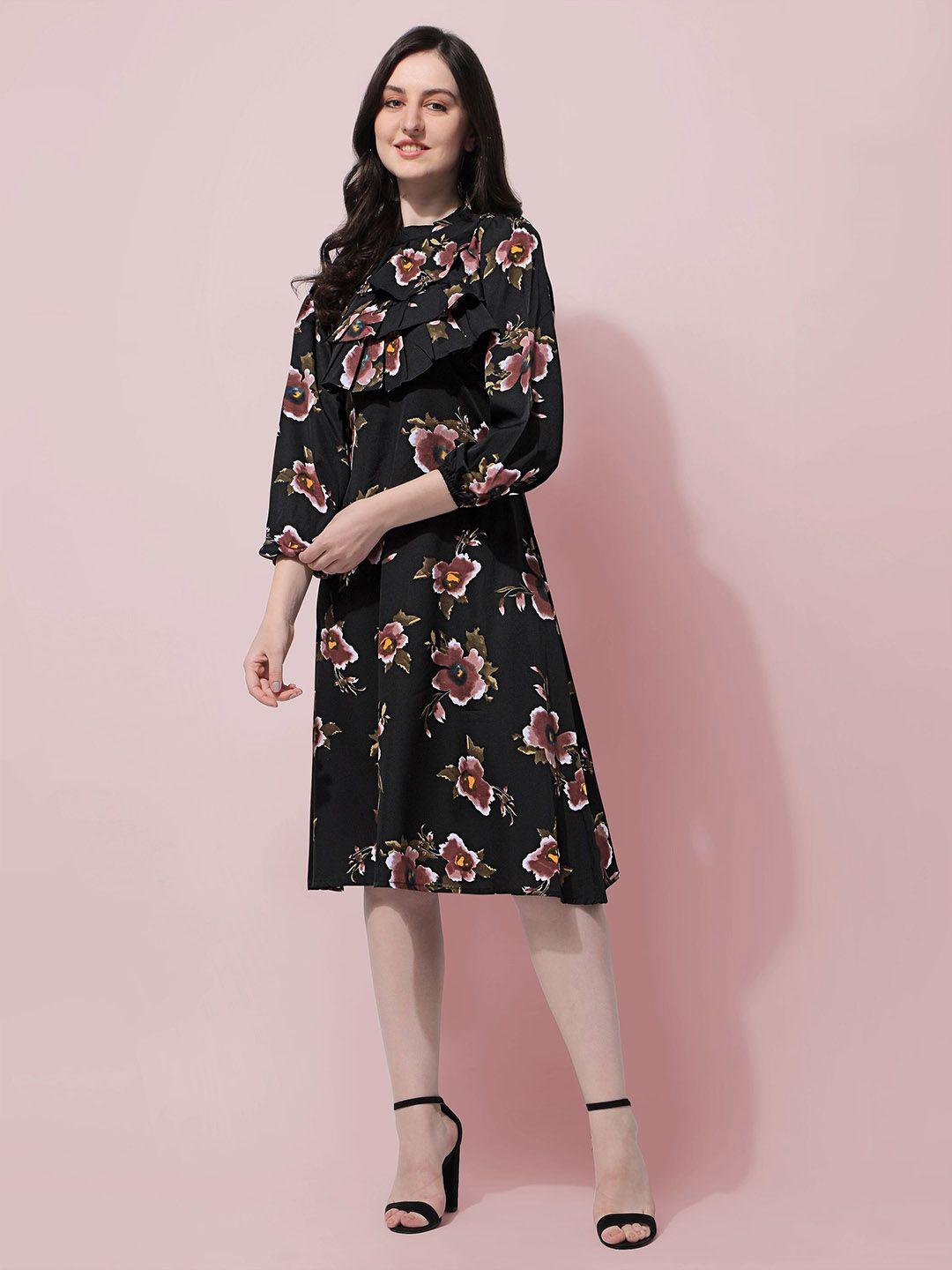 baesd floral printed high neck puff sleeves ruffles detail a-line dress